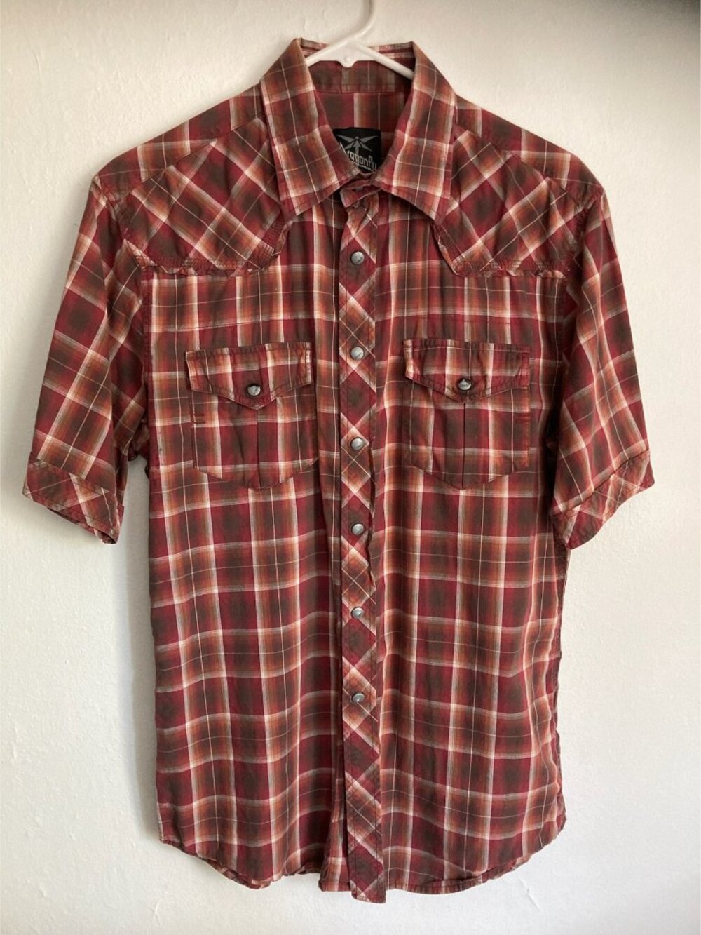 Men's Vintage Red Plaid Shirt - Pearl Snap Short Sleeve, Medium